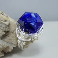 Blue Octagon Faceted Glass Bead Wrapped in Sterling Silver-Filled Wire