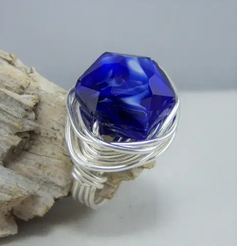 Blue Octagon Faceted Glass Bead Wrapped in Sterling Silver-Filled Wire