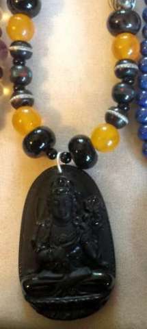 Carved Obsidian Quan Yin With Amber, Tibetan Prayer Beads