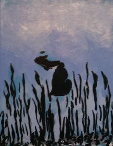9x12 Abstract Impressionism Blue Lake Grass Siloutte