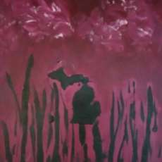 9x12 Abstract Impressionism Burgandy Lake Grass Siloutte