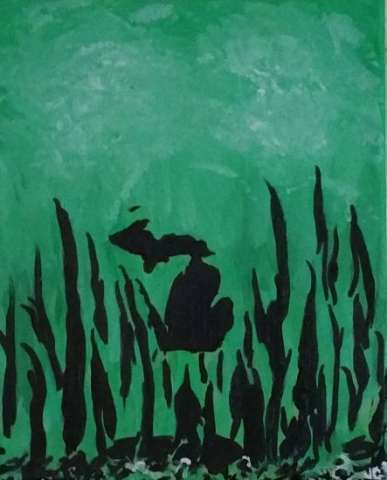 9x12 Abstract Impressionism Green Lake Grass Silhouette