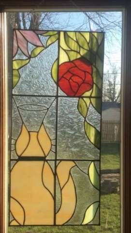 Large Cat in Summer Stained Glass Panel