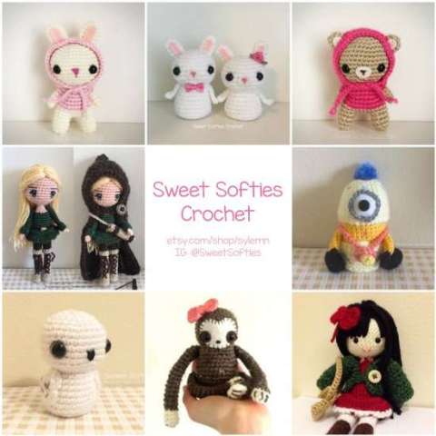 Collage of Sweet Softies' Products (Amigurumi Crochet Dolls & Plushies)