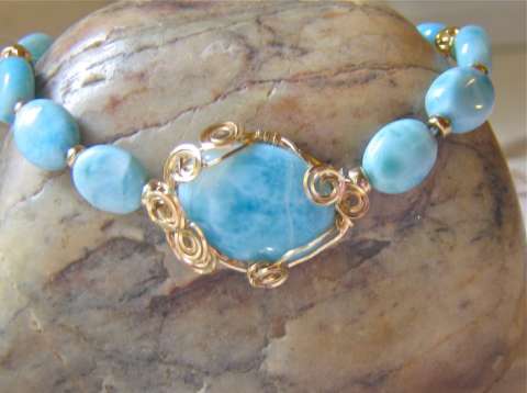 Gold Filled Wire Wrapped Larimar Oval Cabochon Bracelet