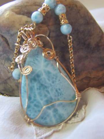 Wire Wrapped Larimar Cabochon Necklace 14
