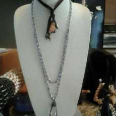 Leather Lariat Necklace With Natural Stones and Crystal Pendant on Rosary Bead Necklace