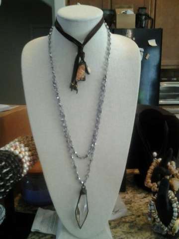 Leather Lariat Necklace With Natural Stones and Crystal Pendant on Rosary Bead Necklace