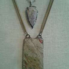 Jasper Arrowhead Pendant on Rosary Bead Necklace, Large Natural Stone on Leather Necklace