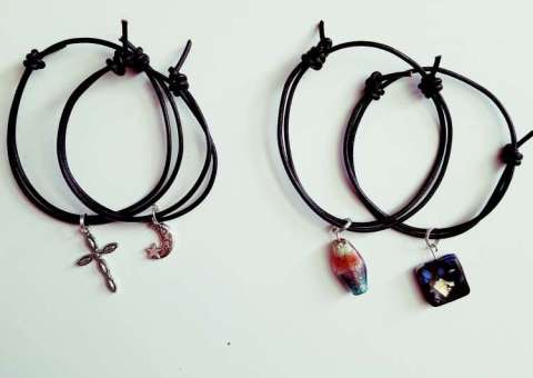 Adjustable Black Leather Bracelets With Charm~Blown Glass, Metal