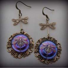 Dragon Fly Earrings Czech Glass Button