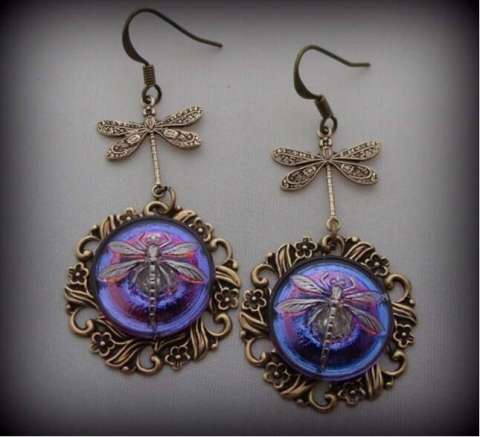 Dragon Fly Earrings Czech Glass Button