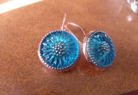 Aqua Czech Glass Button Earrings