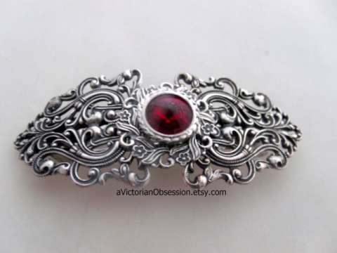 Silver Red Crystal Hair Barrette