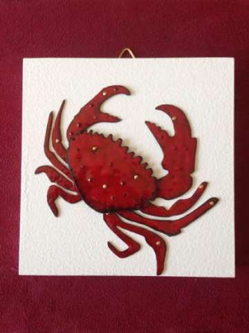Crab - Fired Vitreous Enamel on Copper Available in Sizes: Medium: 10.0 X 10.0 Cm ( on 15 X 15 Cm White Painted MDF Block Frame ) Price $75