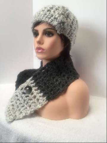 Crocheted Black/Gray Hat & Scarf