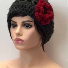 Black Crocheted Hat W/Red Flower