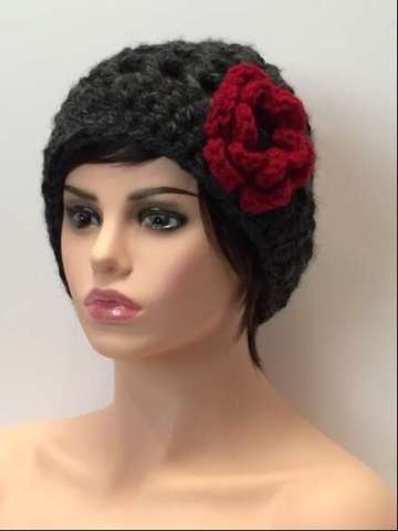 Black Crocheted Hat W/Red Flower