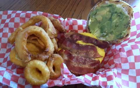 Bacon Guacamole Burger With Onion Rings