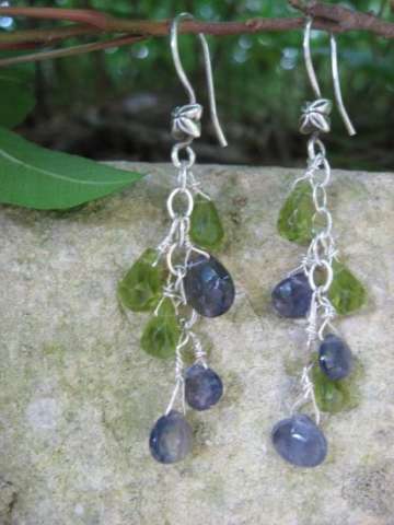 Dangle Earrings of Sterling Silver, Peridot and Iolite