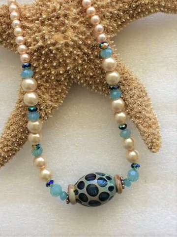 Pearl Necklace W/ Handmade Lampwork Bead