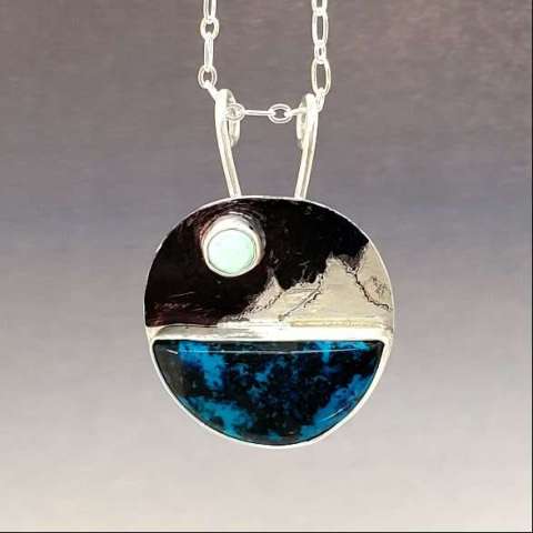 Handcut Turquoise and Azurite in Hand Fabricated Sterling Silver Pendant