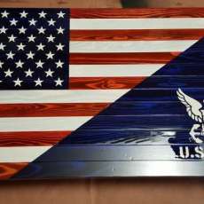Split Design American Flag With Navy Logo Stenciled on