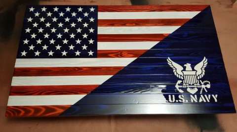 Split Design American Flag With Navy Logo Stenciled on