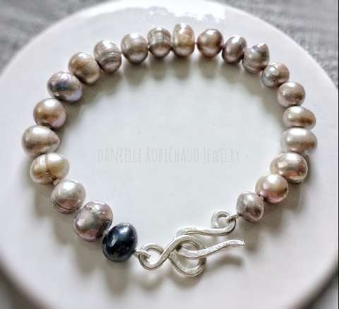 Handmade Freshwater Pearl Bracelet, Knotted in Silk With Sterling Forged Clasp