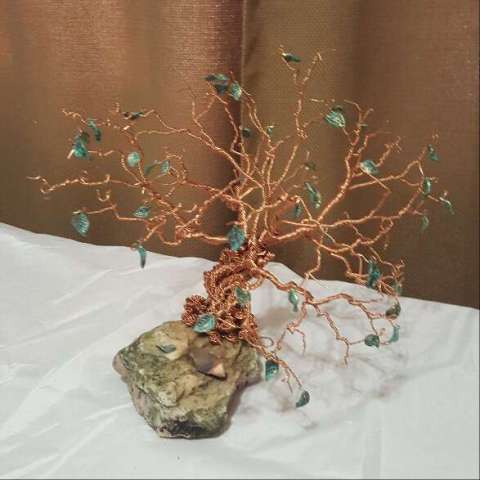 Copper Sculpted Tree Mounted on Appalacian River Stone, Embellished With Emerald Glass Leaves