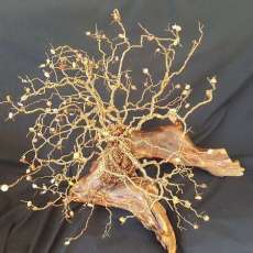 Hand Sculpted Copper Wire Tree on Wood Base Embellished With Glass Leaves
