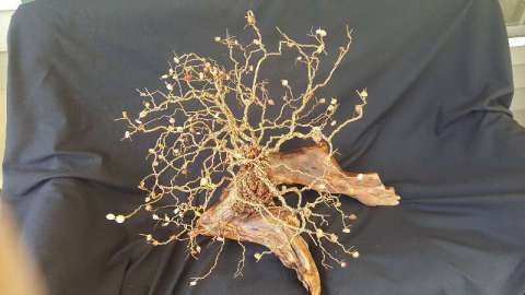 Hand Sculpted Copper Wire Tree on Wood Base Embellished With Glass Leaves