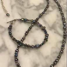 Random Freshwater Pearl Necklace and Bracelet - Grey/Aqua