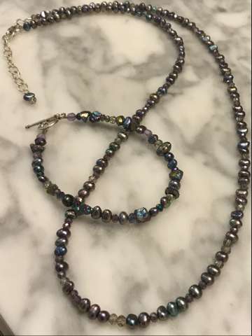 Random Freshwater Pearl Necklace and Bracelet - Grey/Aqua