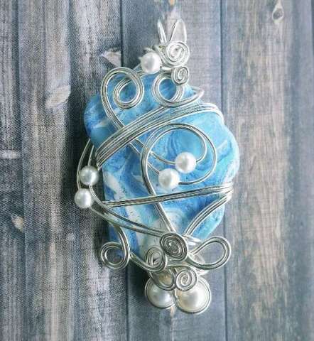 Wire Wrapped Painted Beach Glass With Swarovski Pearls
