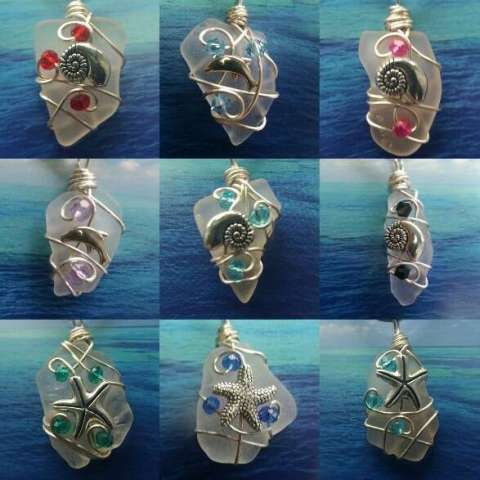 Beach Glass Pendants W Charms W Crystals and Pearls