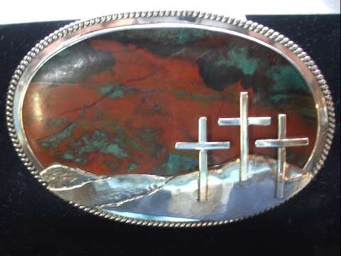 Hand Carved Belt Buckle With Sonora Sunset Cabochon