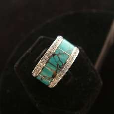 14 K White Gold Turquoise Inlay and Diamond Ring