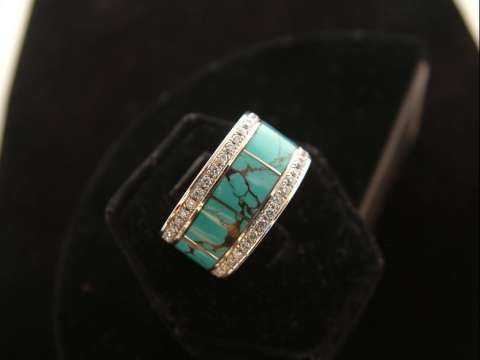 14 K White Gold Turquoise Inlay and Diamond Ring