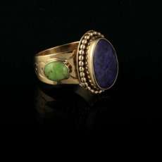 14 K Gold Hand Created Lapis Lazuli and Turqoise Ring