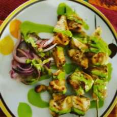 Peruvian Chicken Kabobs With Aji Green Hot Sauce.
