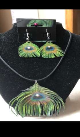 Peacock Leather Necklace and Earrings