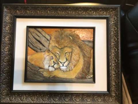 Leathercarving Picture of Lion and a Cub