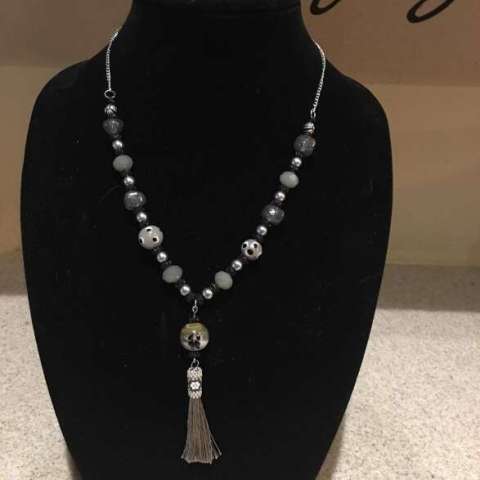 Black and Gray Beaded Necklace With Gray Tassle