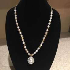 Neutral Toned Hand Knotted Beaded Necklace With Blingy Pendant