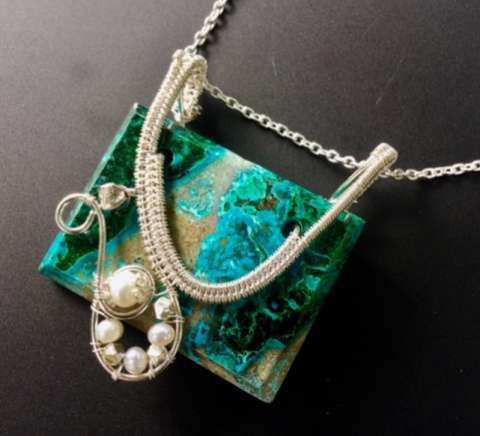 Shattuckite Necklace Hand Woven in Fine Silver Accented With Freshwater Pearls Including a Sterling Chain