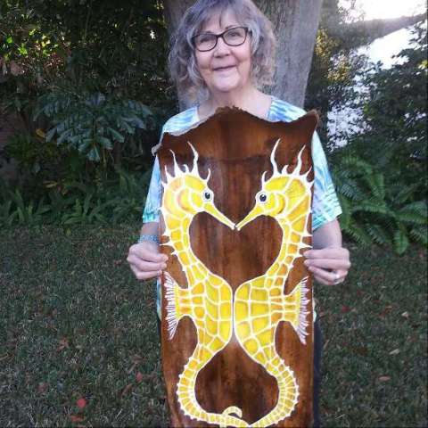 Large Painted Palm Frond W Seahorses