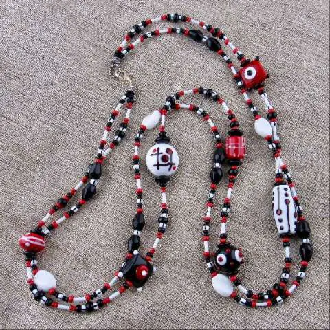 Glass Necklace in Black, Red & White Handmade Beads