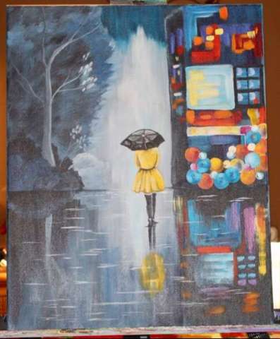 City Lights at Night Umbrella Girl