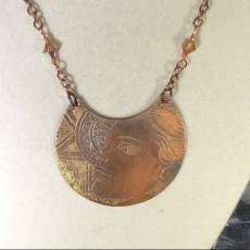 Double Sided Etched Copper Pendant With Crystal Accents